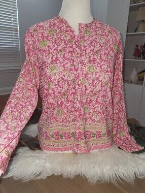 Pleat Pleat By RAFAEL Pink Floral Long-Sleeve Women's pleated Blouse Top Sz. M